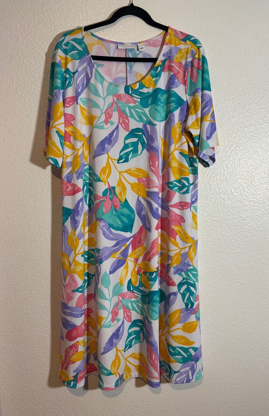 Susan Graver Size XL Liquid Knit Multicolor Tropical Leaf Print Midi Dress QVC